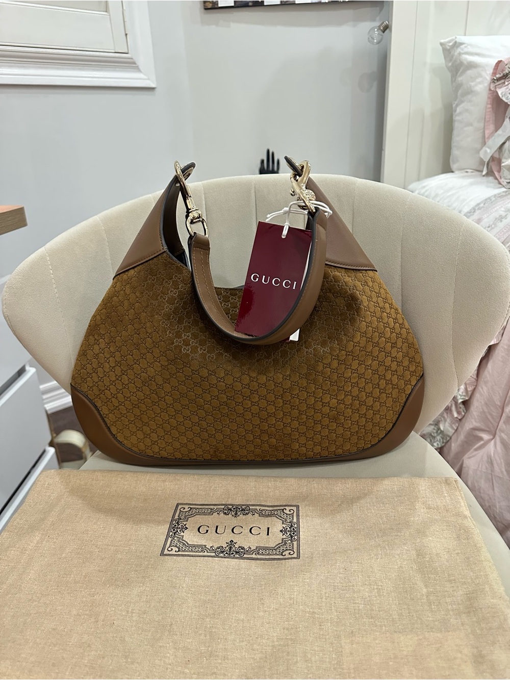 Gucci Brown Monogram Hobo Shoulder Bag with Gold Hardware